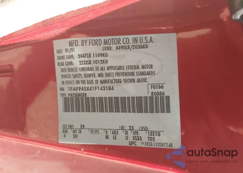 2001 Ford Mustang Gt z USA, uszkodzony, nr VIN 1FAFP45X41F143184